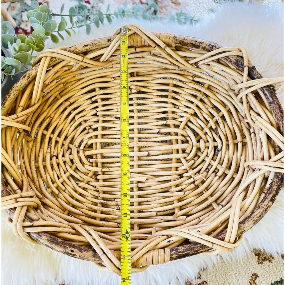 Woven Rattan Oval Basket With Handles Boho Cottage Fall Autumn Tabletop Decor
